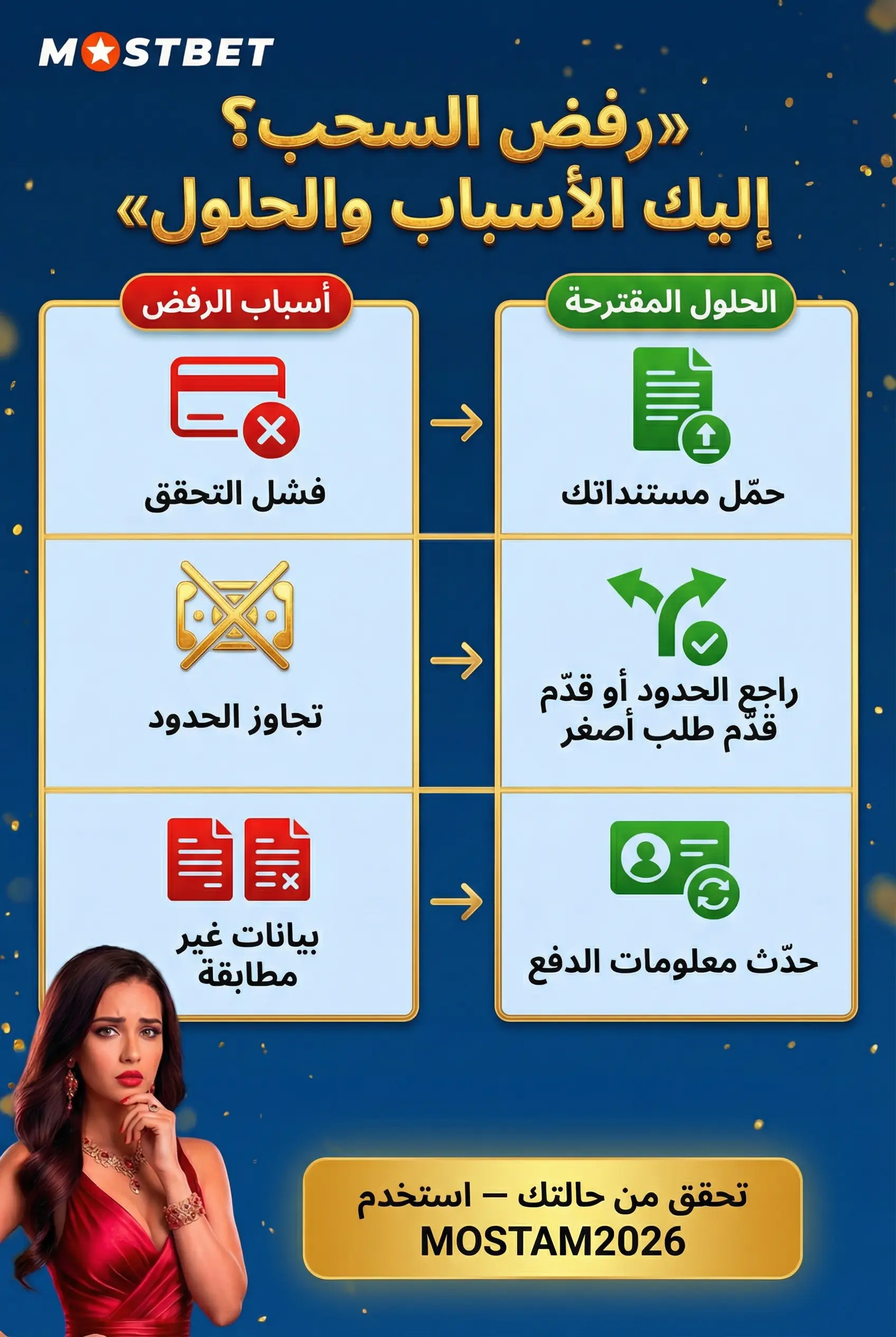 رفض السحب في Mostbet والأسباب والحلول